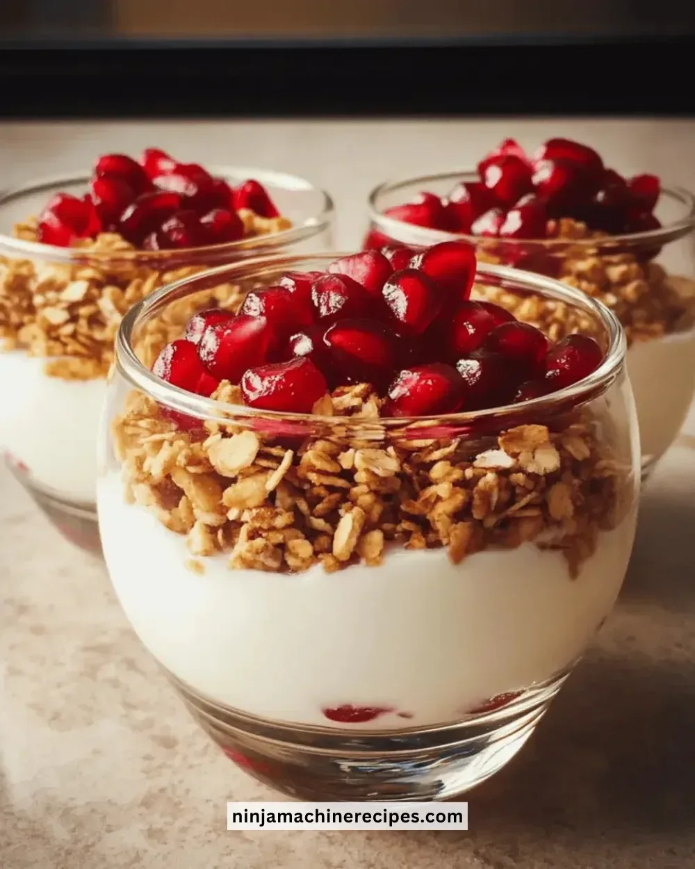 Delicious Pomegranate Yogurt Parfait layered with yogurt and pomegranate seeds