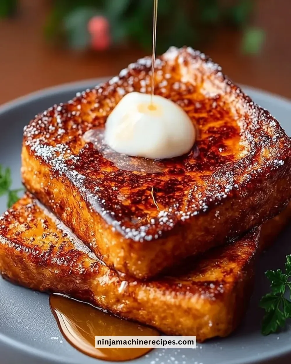 Delicious slice of Easy Pumpkin French Toast topped with syrup and spices