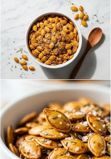 Easy roasted pumpkin seeds in a bowl, perfect for snacking.
