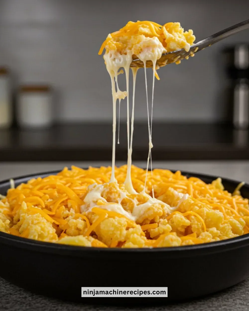 Delicious dish of funeral potatoes with cheese and creamy topping