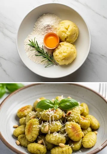 Homemade gnocchi served with pesto sauce and fresh basil