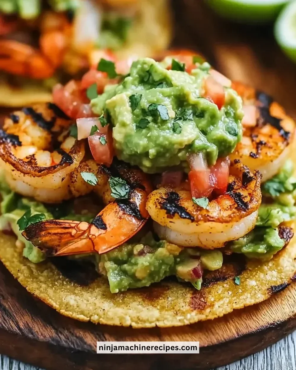 Delicious grilled shrimp tostadas topped with guacamole and pico de gallo