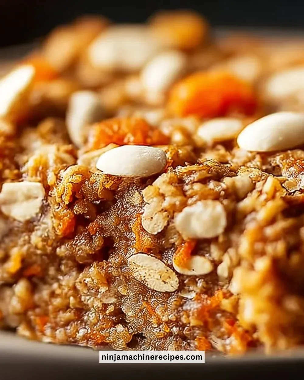 High Protein Carrot Cake Baked Oatmeal topped with walnuts and coconut flakes.
