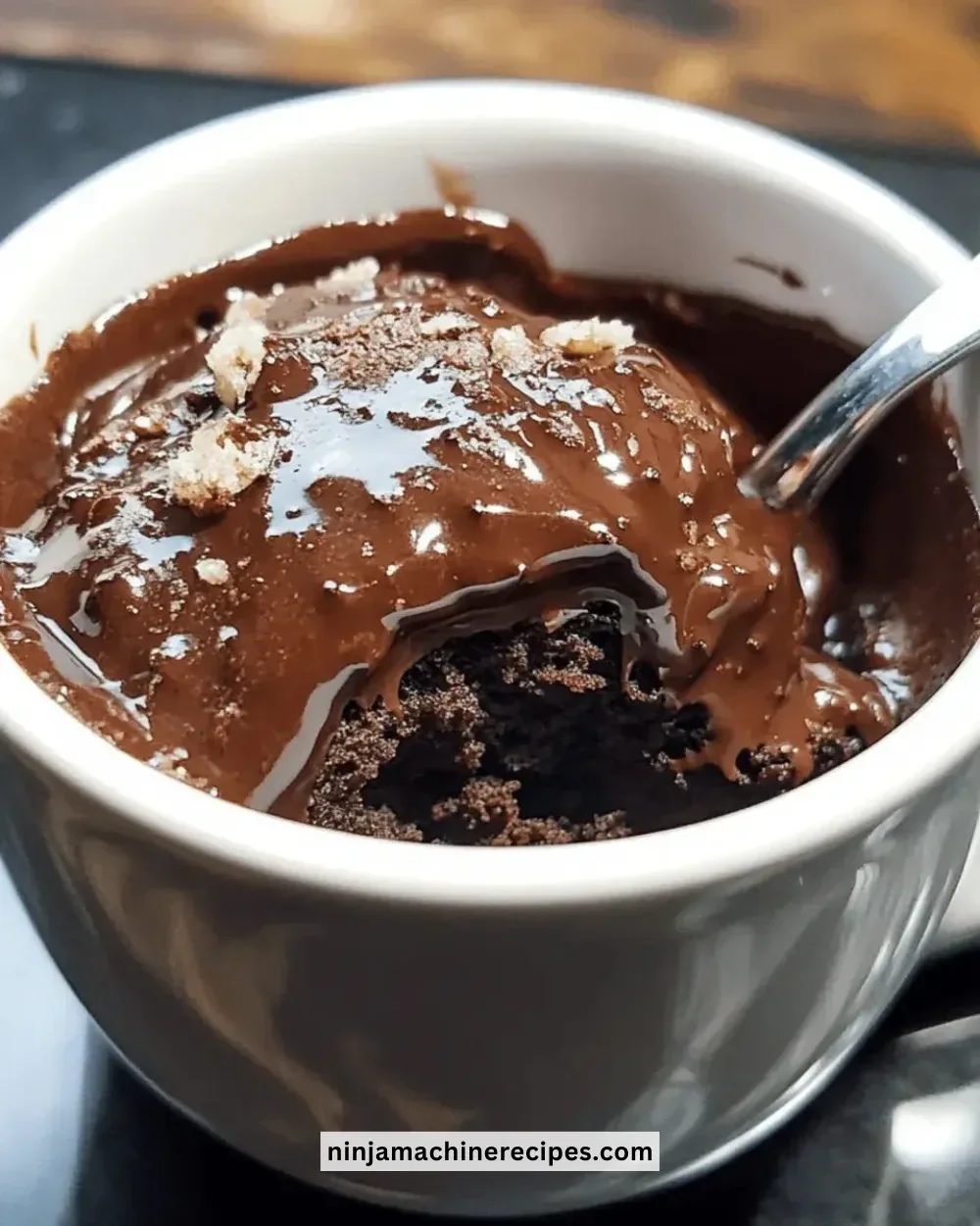 Delicious chocolate lava mug cake with molten center served in a white mug