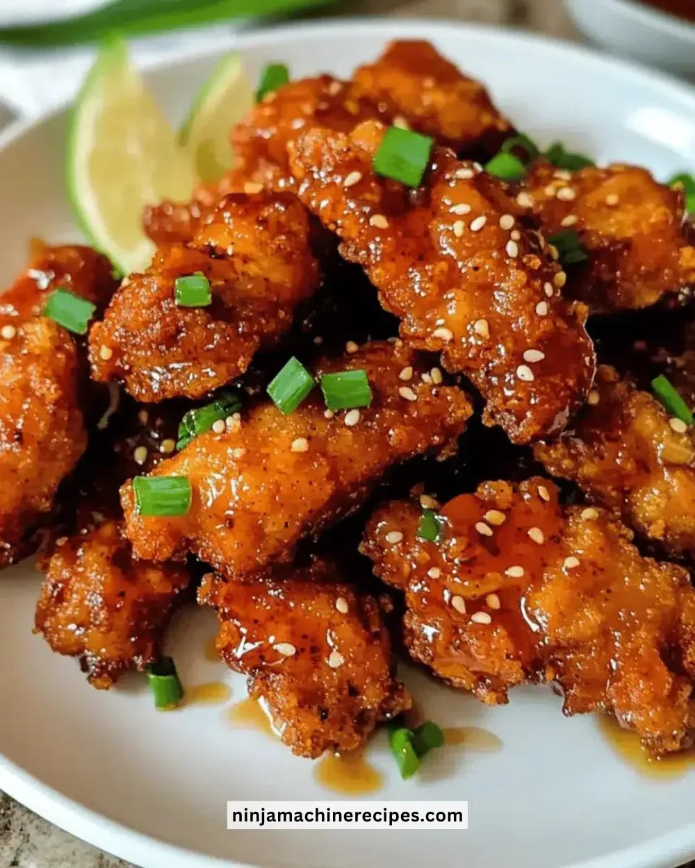 Crispy honey garlic chicken bites served on a platter