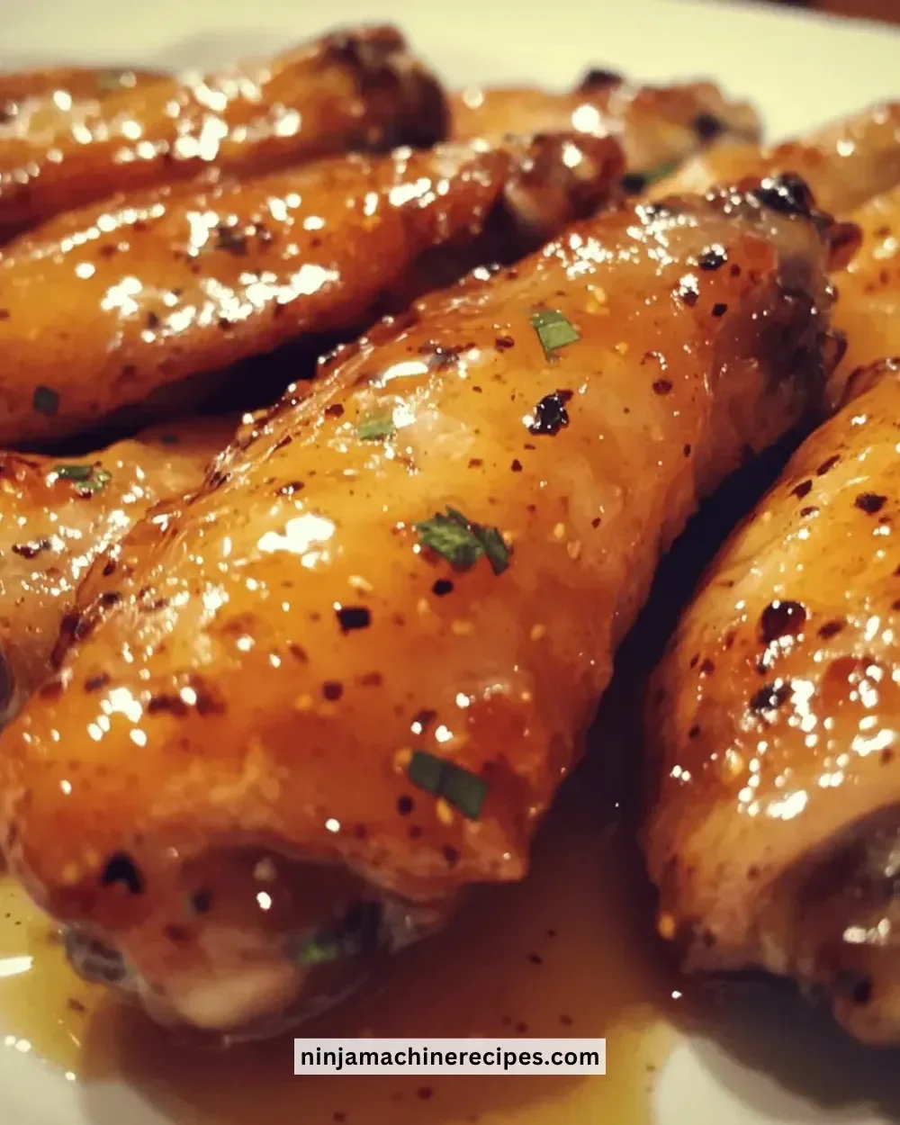 Delicious honey mustard chicken wings on a platter garnished with herbs