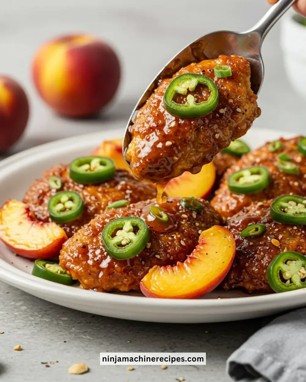 Delicious Jalapeño Peach Chicken served with fresh herbs and side dishes.