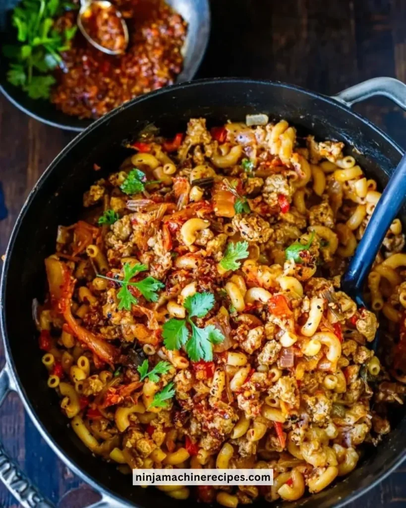 A bowl of Kimchi Chili Mac topped with cheese and green onions