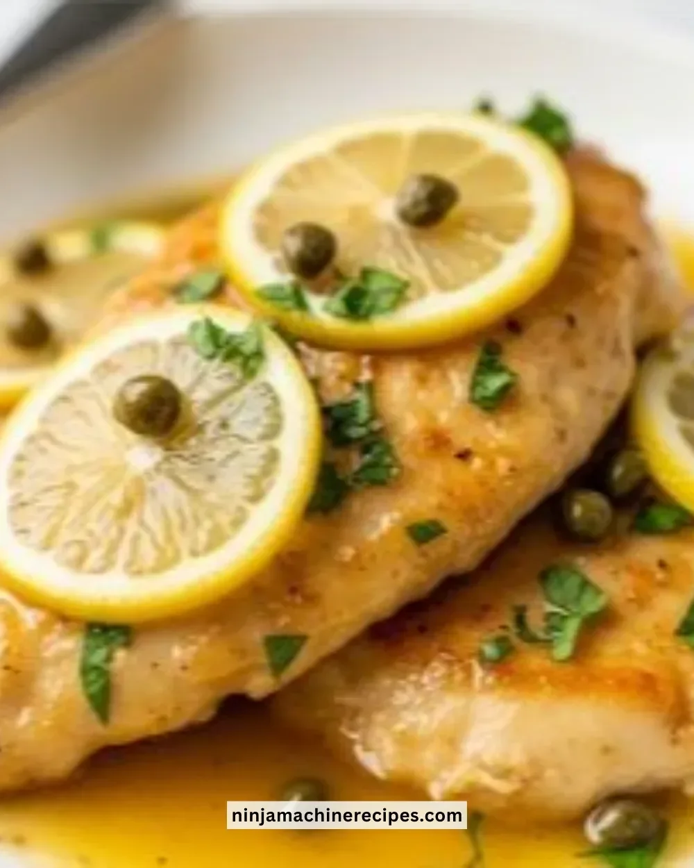 Plate of Lemon Chicken Piccata garnished with lemon slices and parsley.