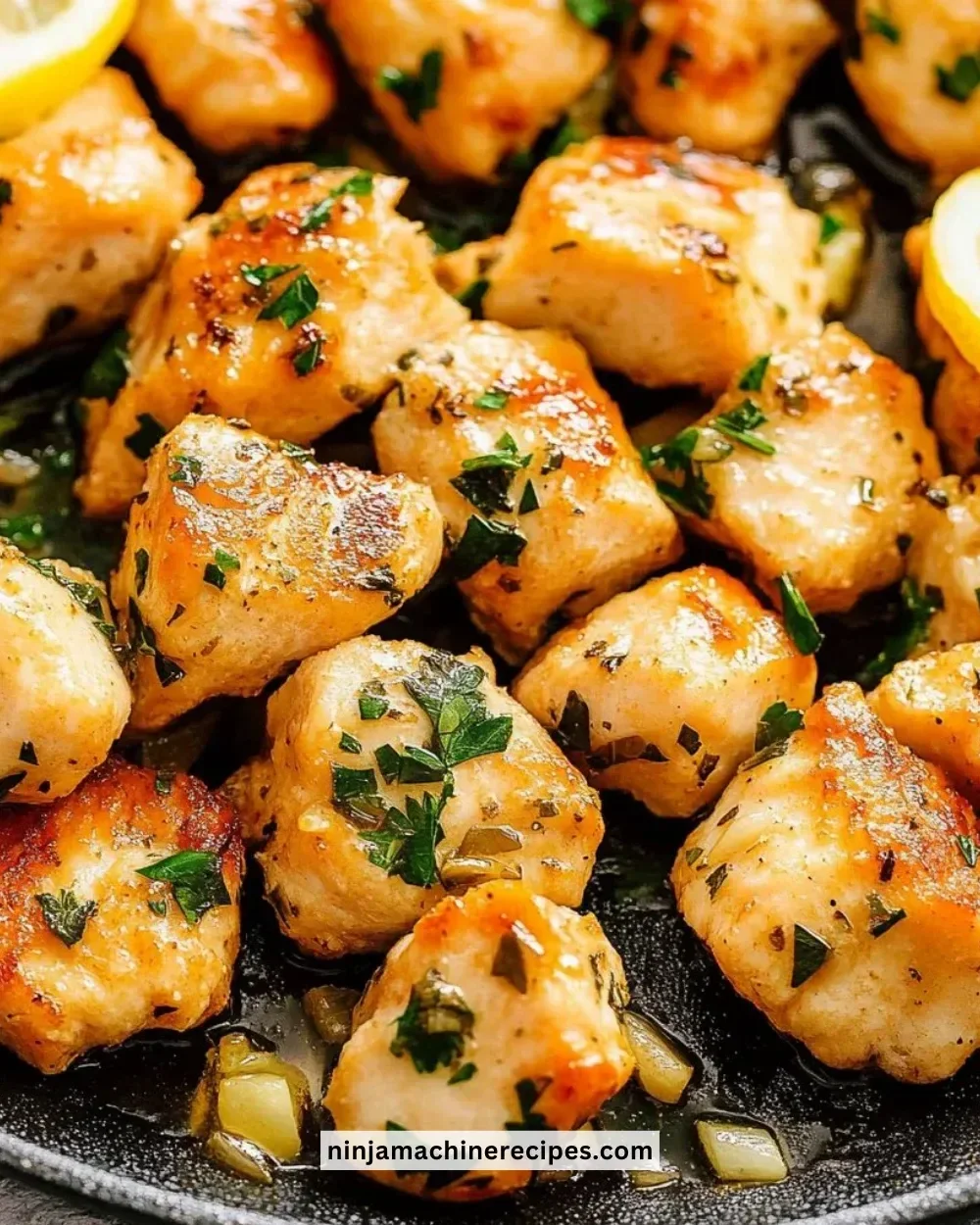 Delicious Lemon Garlic Chicken Bites served on a platter.