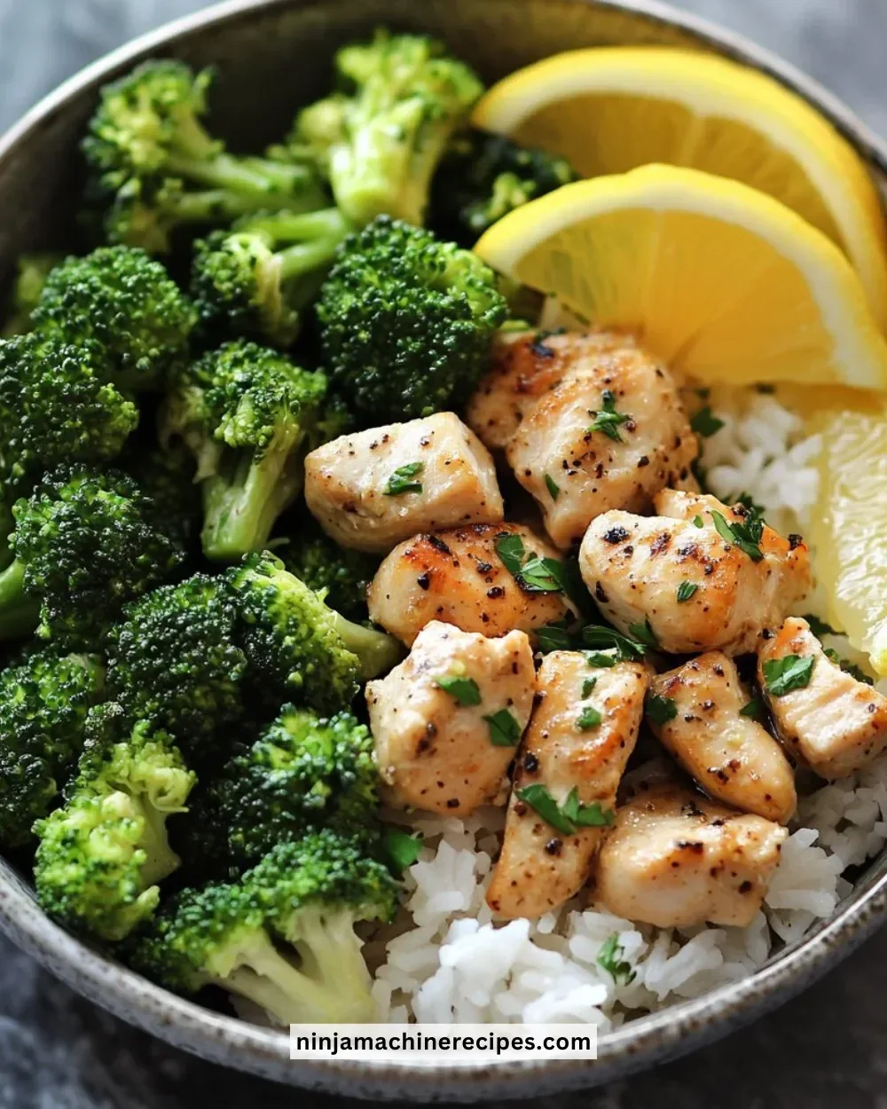Delicious Lemon Garlic Chicken Bowl served with Broccoli and Jasmine Rice