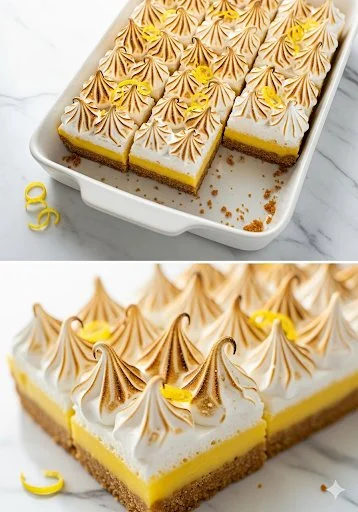 Delicious Lemon Meringue Pie Bars on a serving plate, topped with fluffy meringue.