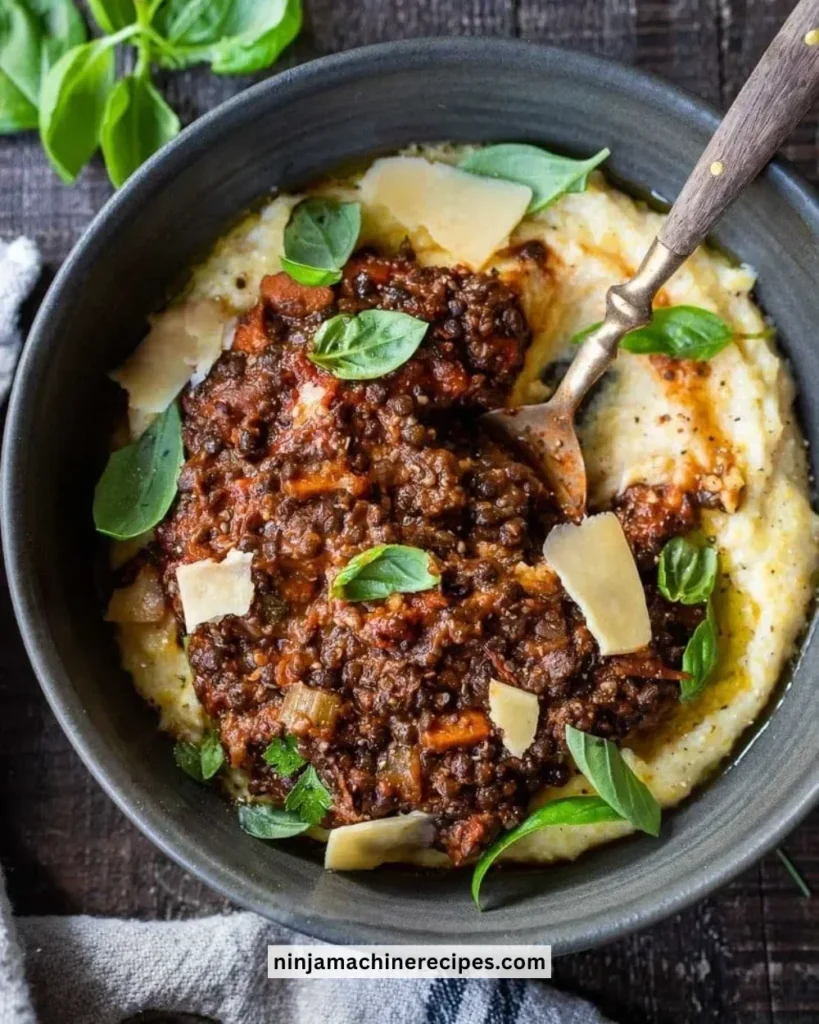 A bowl of Lentil Bolognese pasta topped with fresh herbs and cheese.