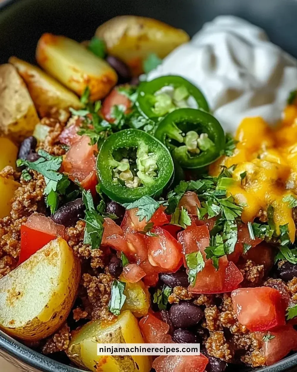 Delicious loaded potato taco bowl topped with fresh ingredients and spices.