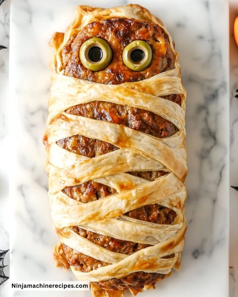 A spooky Mummy Meatloaf wrapped in pastry for a Halloween dinner.