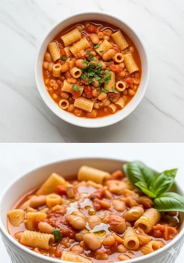 A bowl of Pasta e Fagioli topped with fresh herbs and served warm.
