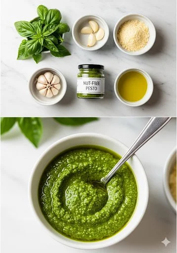 Nut-free pesto sauce made with fresh basil and olive oil
