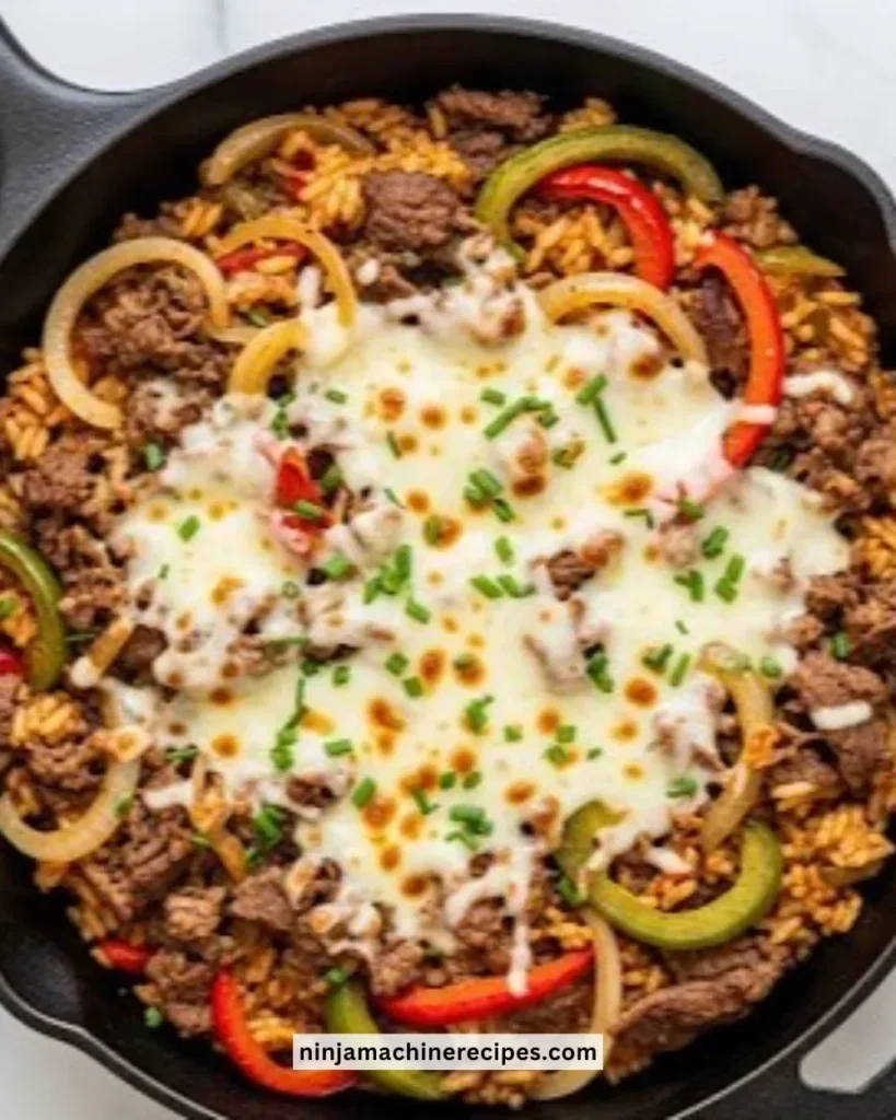 Philly Cheesesteak Rice Skillet loaded with cheese, steak, and peppers