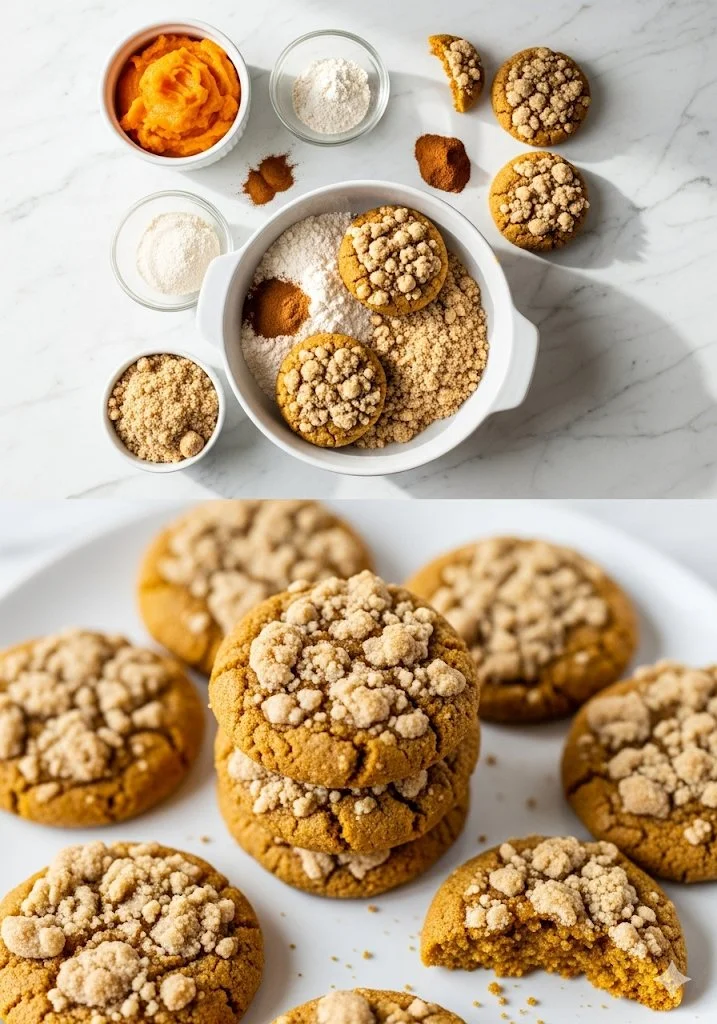 Pumpkin cinnamon crumble cookies on a plate, showcasing a delicious fall treat.
