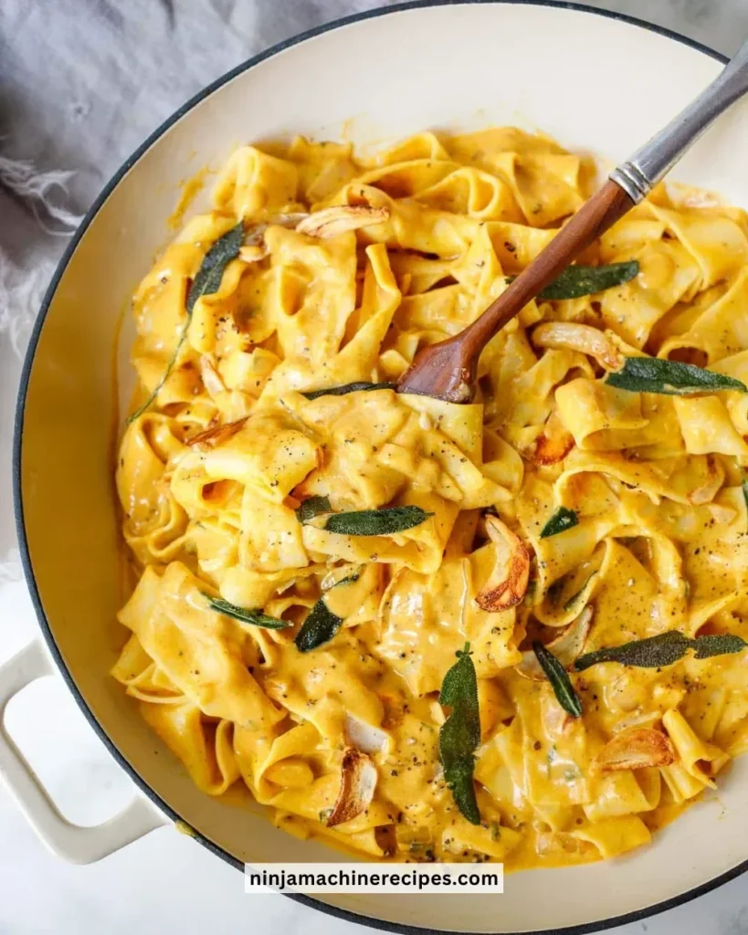 Delicious bowl of creamy pumpkin pasta with herbs and spices