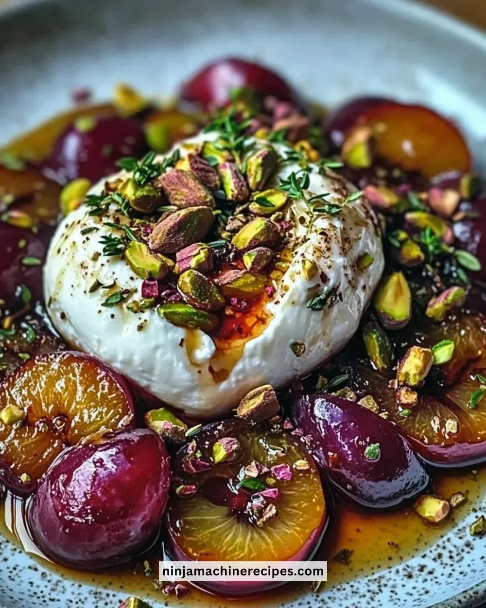 Delicious roasted plum and burrata salad garnished with fresh herbs.