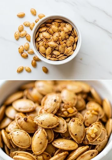 Savory garlic and onion roasted pumpkin seeds in a bowl