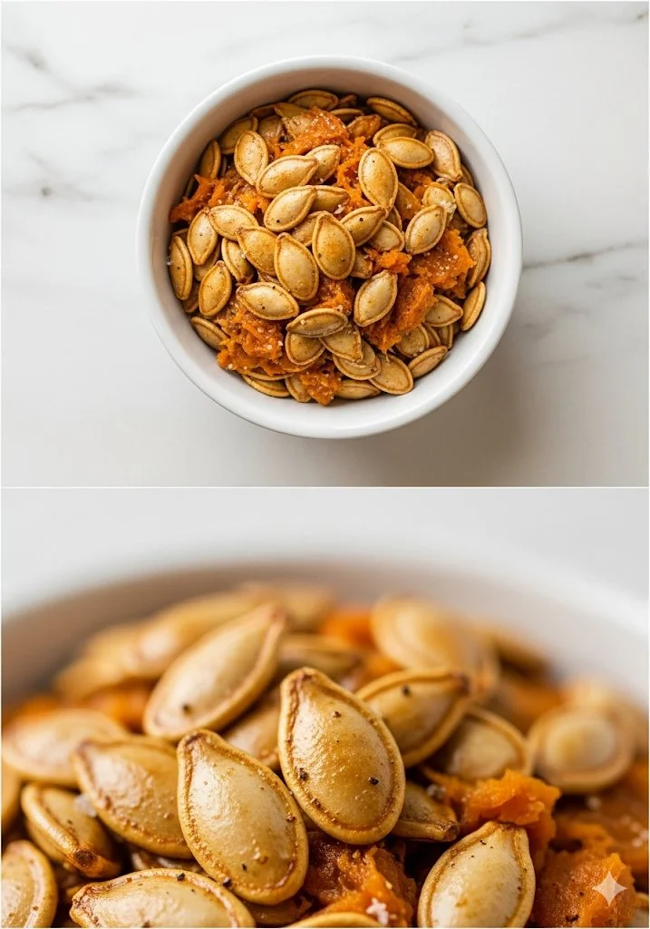 Bowl of simple roasted pumpkin seeds ready for snacking