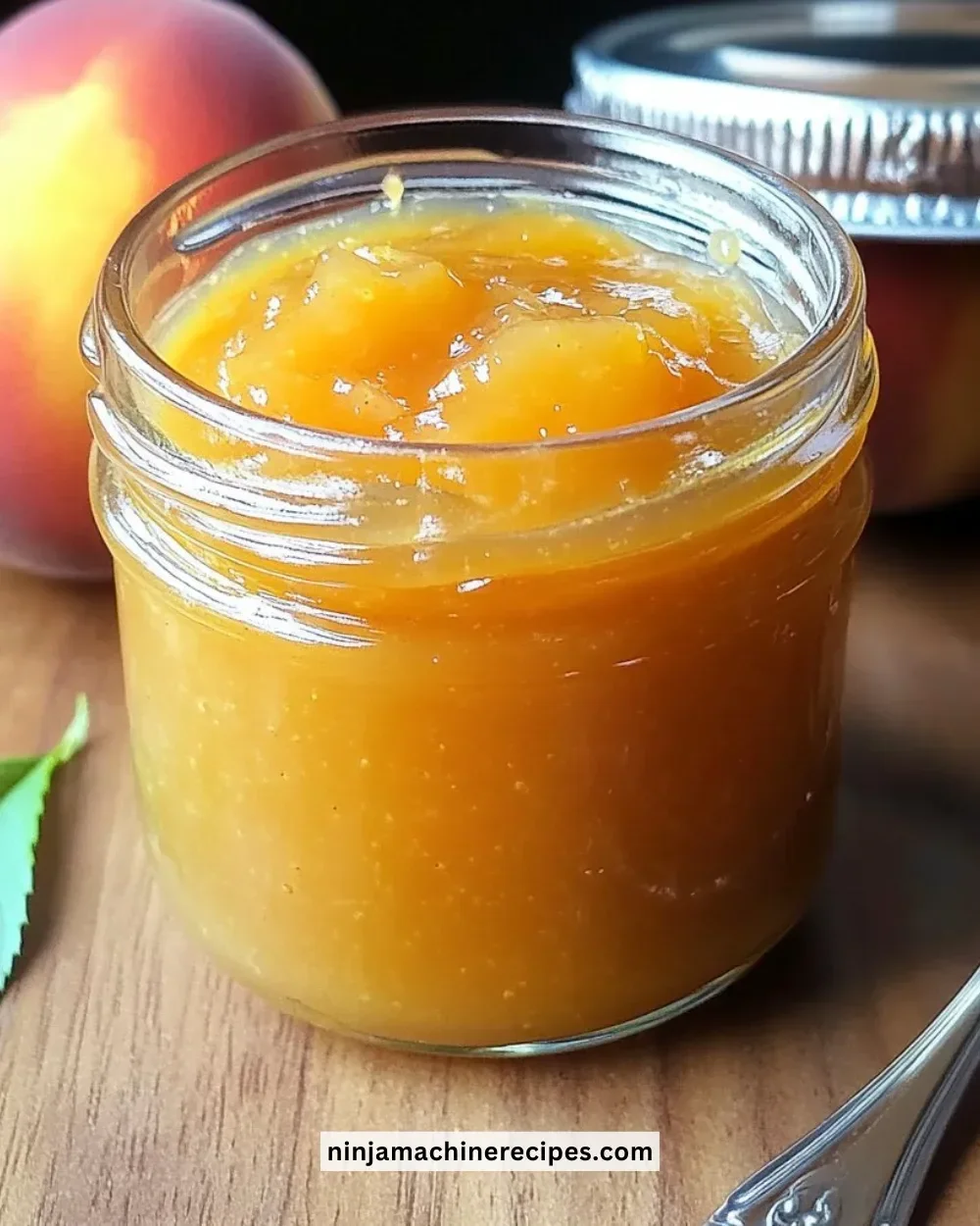 Small batch vanilla peach jam in a jar with fresh peaches and vanilla beans