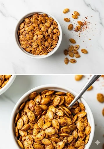 Spicy roasted pumpkin seeds served in a bowl, showcasing a crunchy snack