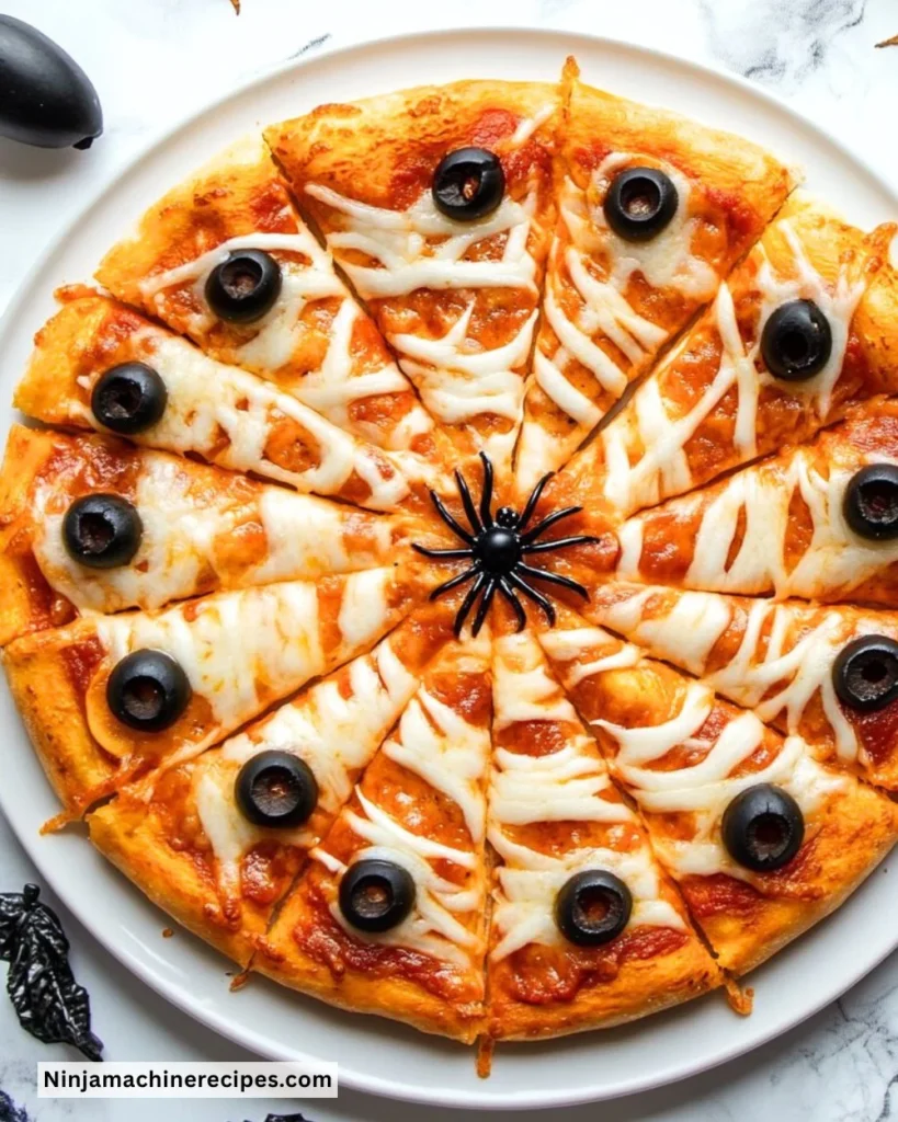 Spiderweb Halloween Pizza with cheese and olives for Halloween dinner