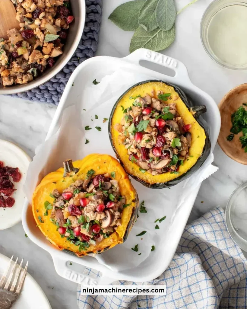 Colorful stuffed acorn squash filled with grains and vegetables