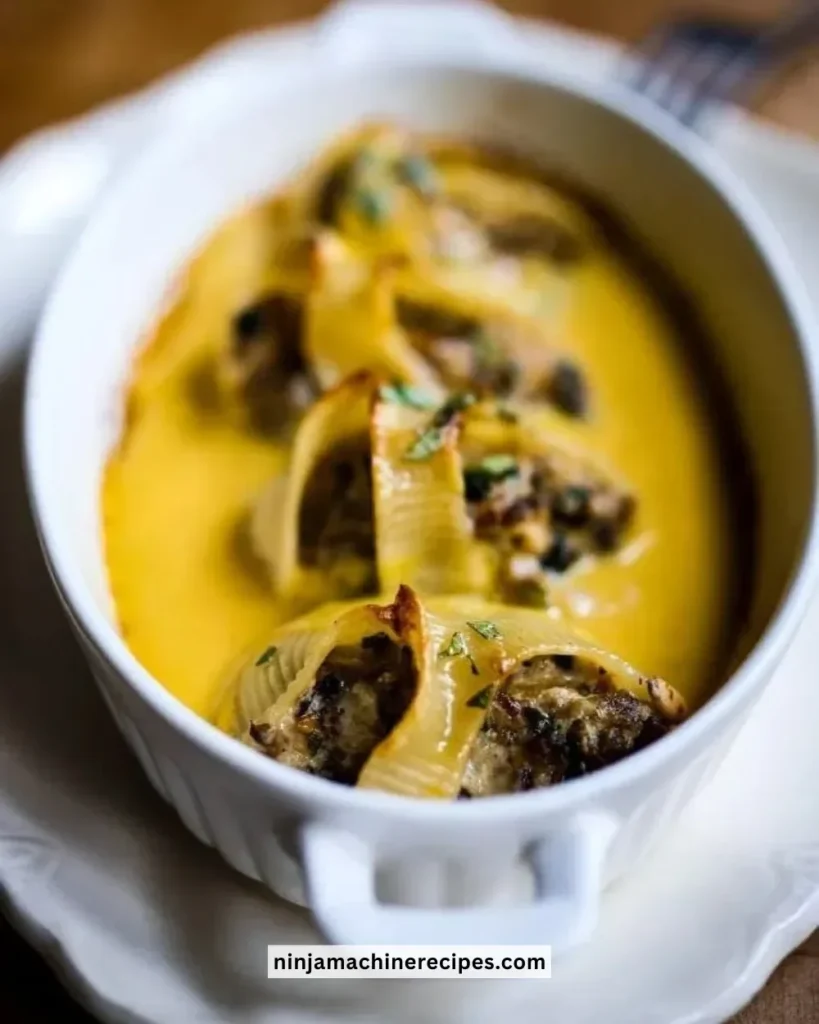 Delicious stuffed shells with creamy pumpkin sauce garnished with herbs