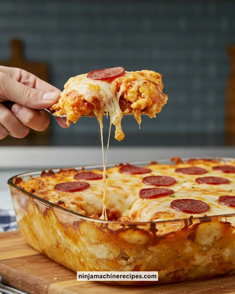 Delicious Tater Tot Pizza Casserole topped with cheese and toppings.
