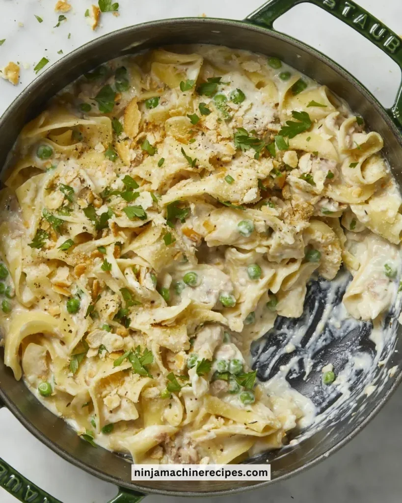 Delicious Tuna Noodle Casserole served in a bowl with a spoon