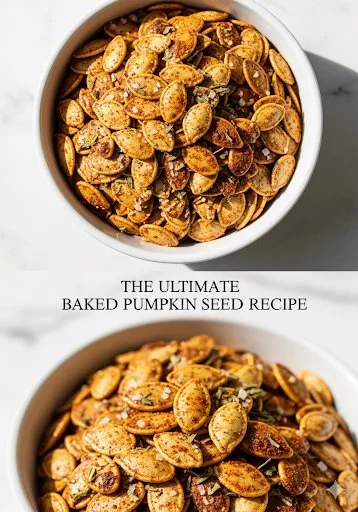 Delicious baked pumpkin seeds in a bowl, perfect for healthy snacking.
