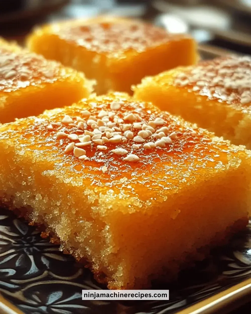 Delicious basbousa cake topped with almonds and syrup, perfect Middle Eastern dessert.