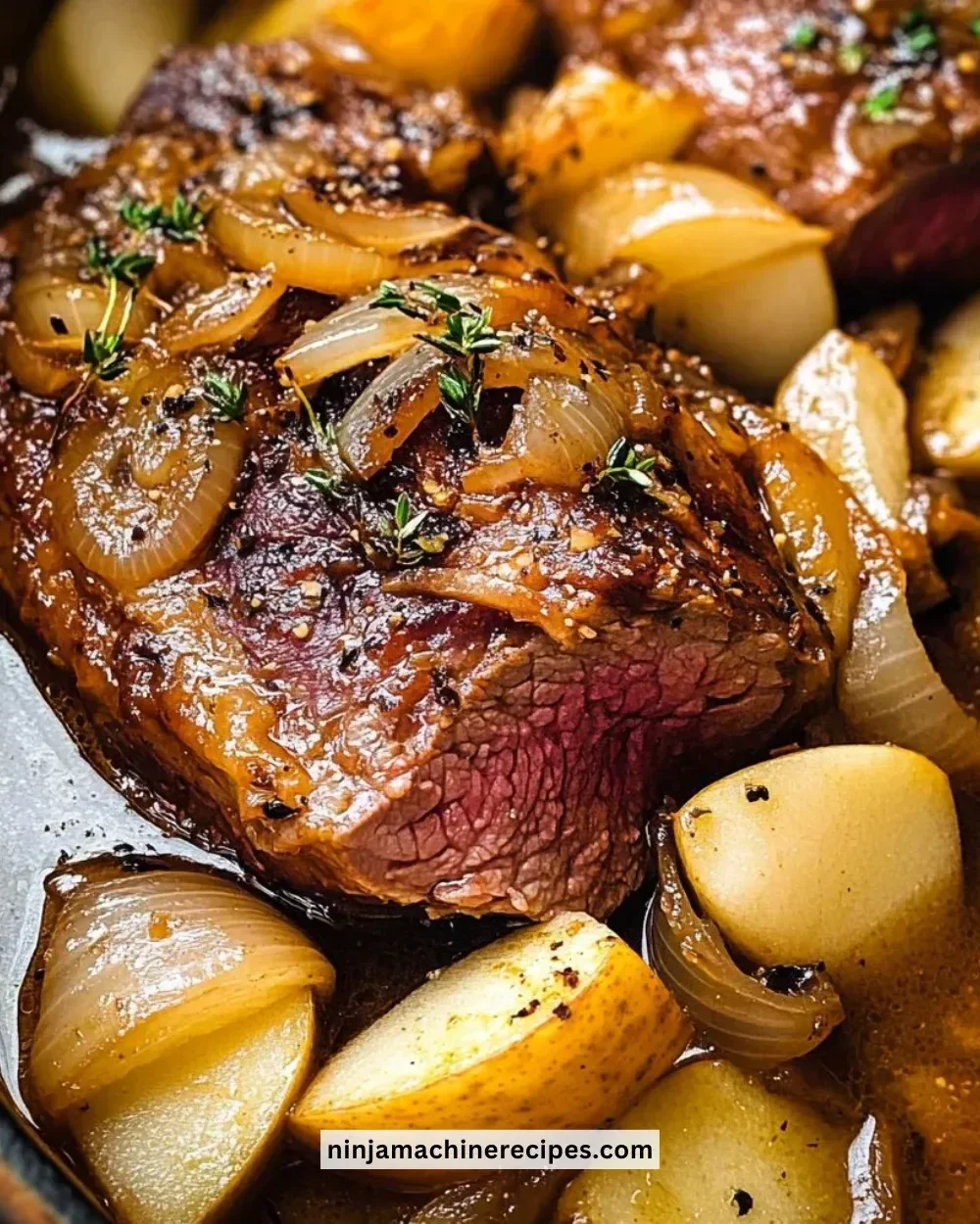 Delicious Apple Cider Braised Beef Shoulder served with seasonal vegetables.