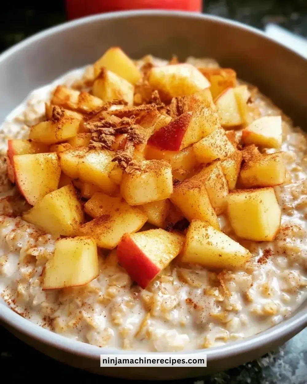 Bowl of Apple Cinnamon Oatmeal topped with diced apples and a sprinkle of cinnamon