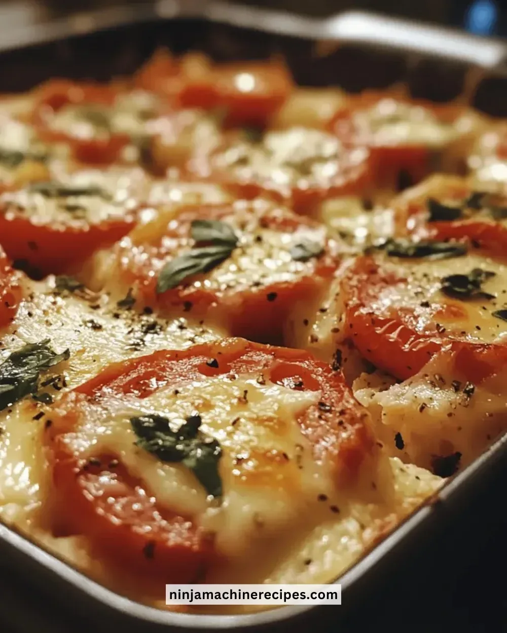Cheesy Tomato Basil Bake fresh out of the oven, ready to serve.