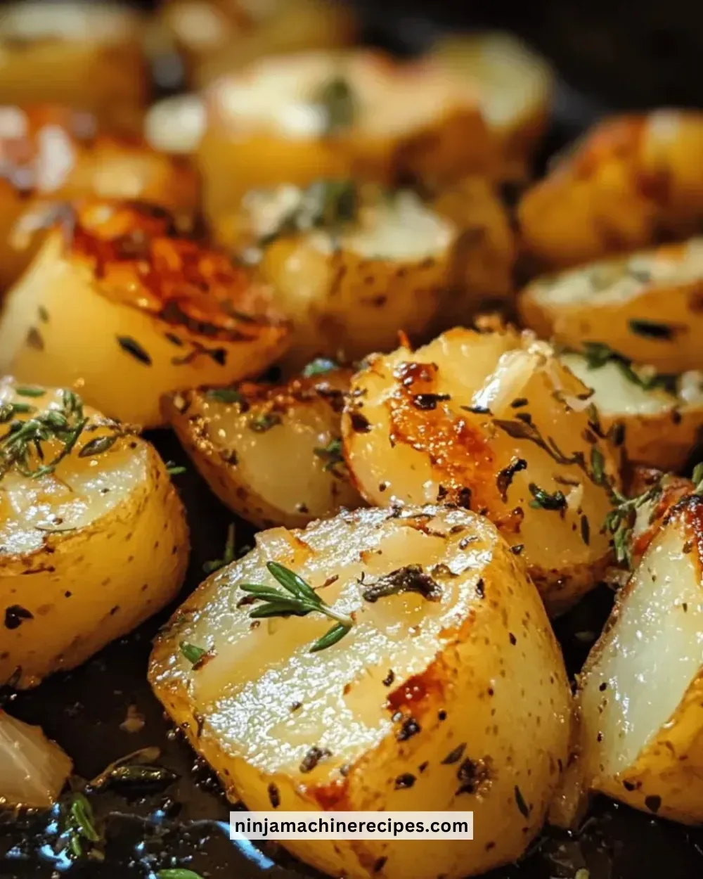 Plate of best roasted garlic herb potatoes garnished with fresh herbs