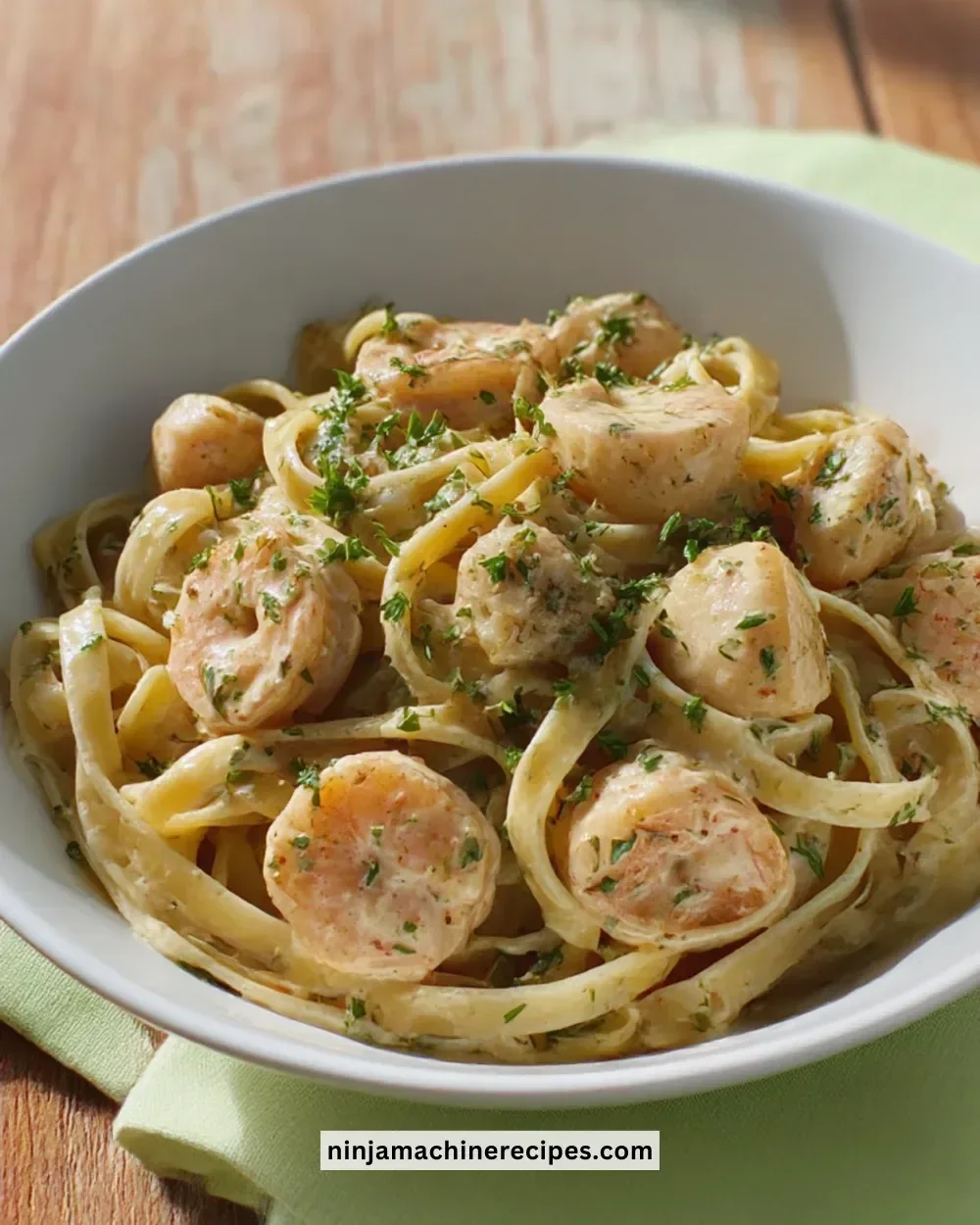 A delicious bowl of Cajun Seafood Pasta with shrimp and spices.