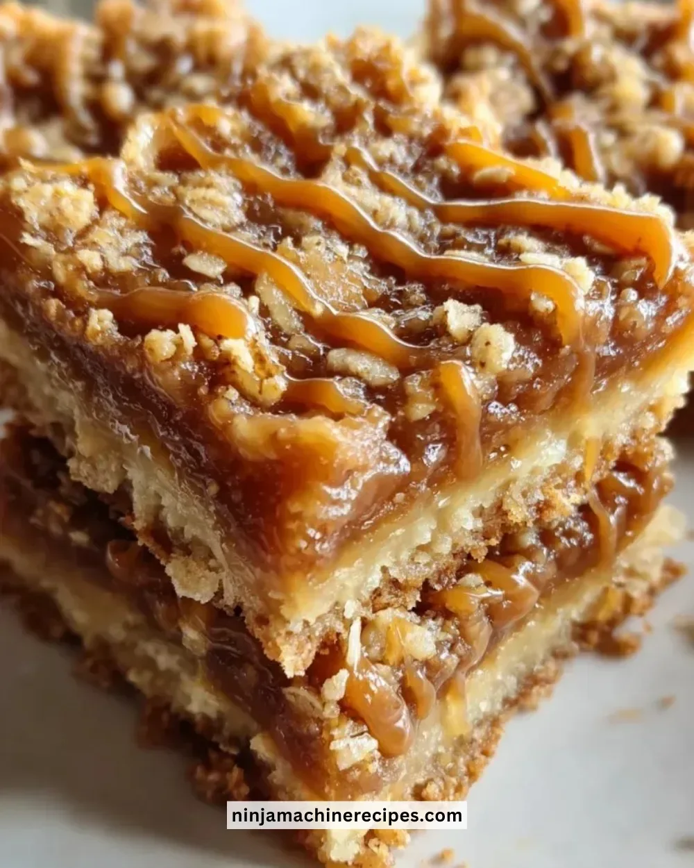 Delicious Caramel Crush Bars topped with caramel and crunchy pieces
