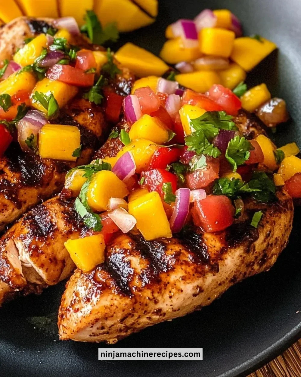 Caribbean jerk teriyaki chicken dish garnished with fresh herbs