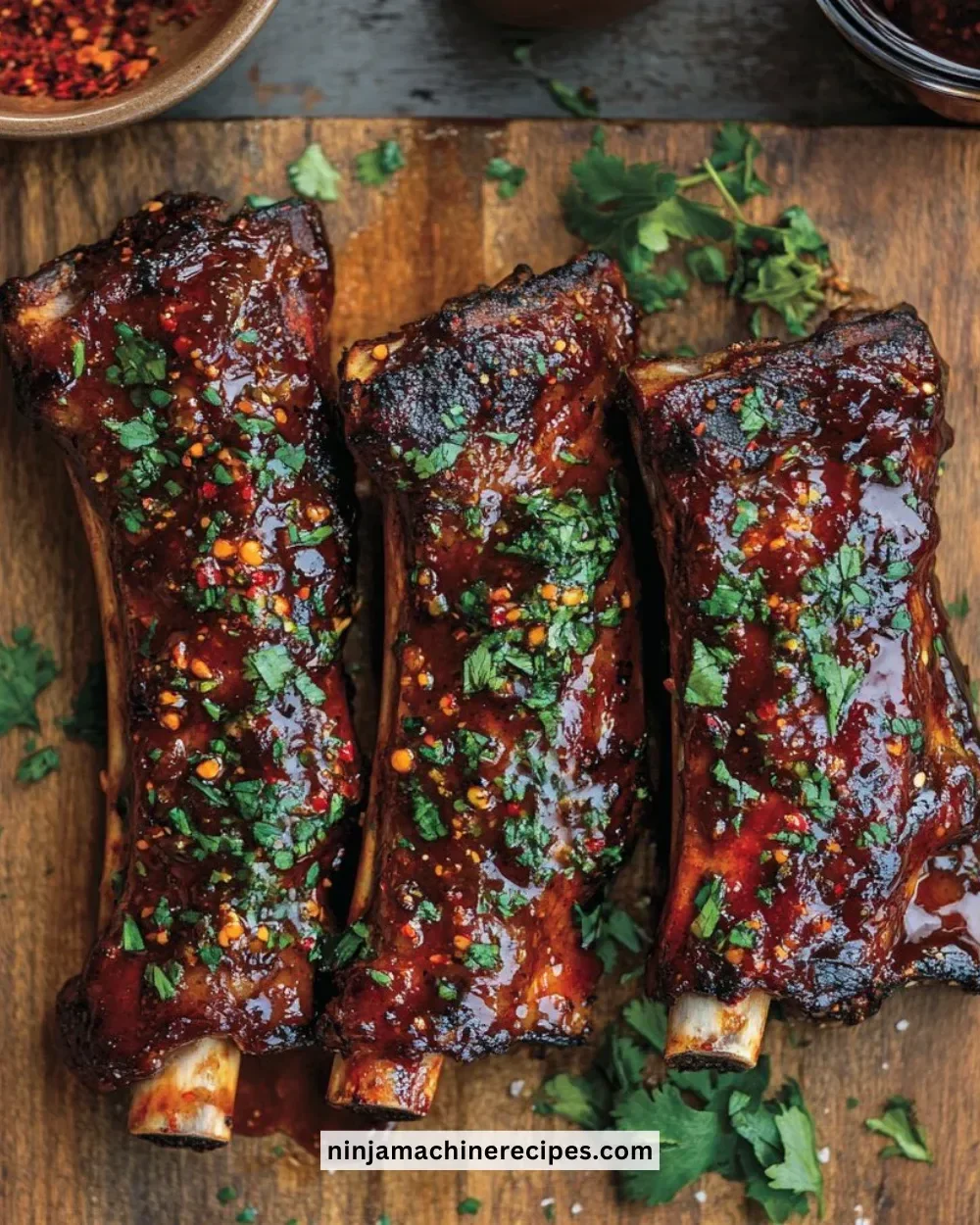 Charred sticky lamb ribs glazed with harissa on a grill