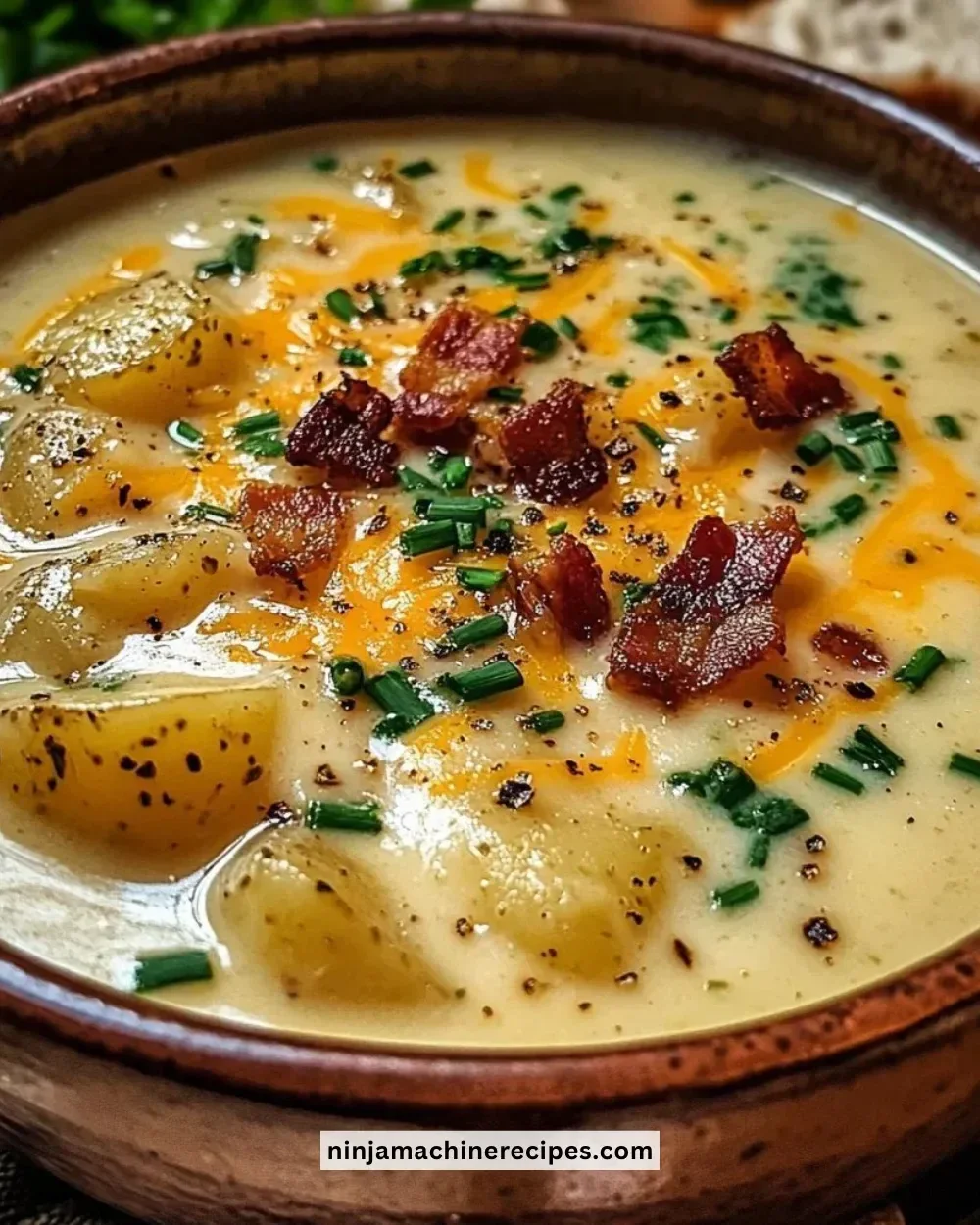 Creamy Cheddar Garlic Herb Potato Soup garnished with herbs