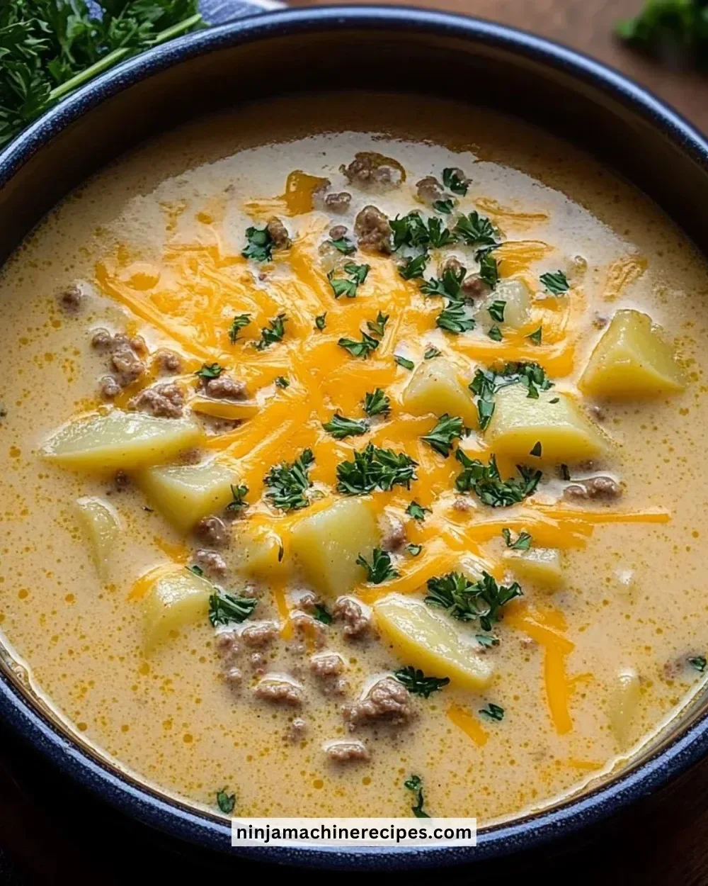 Bowl of Cheesy Beef and Potato Soup topped with fresh herbs