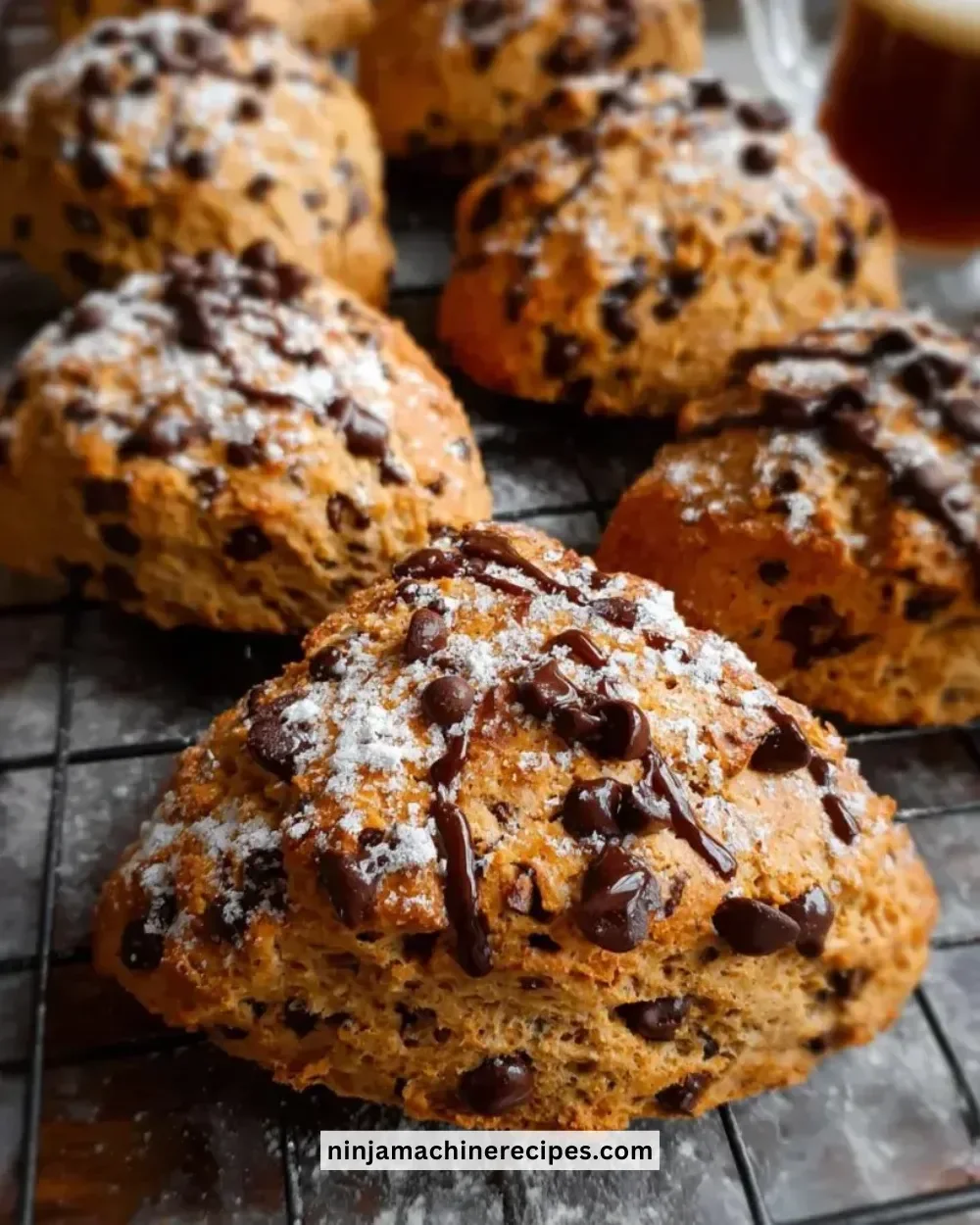 Decadent chocolate chip coffee scones on a rustic table