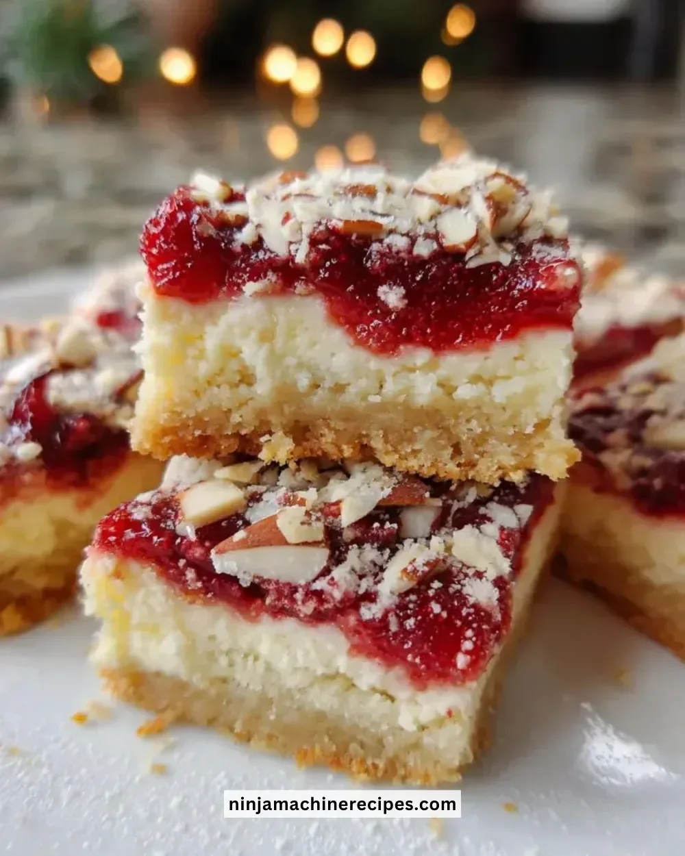Delicious Christmas cheesecake bars decorated with festive toppings
