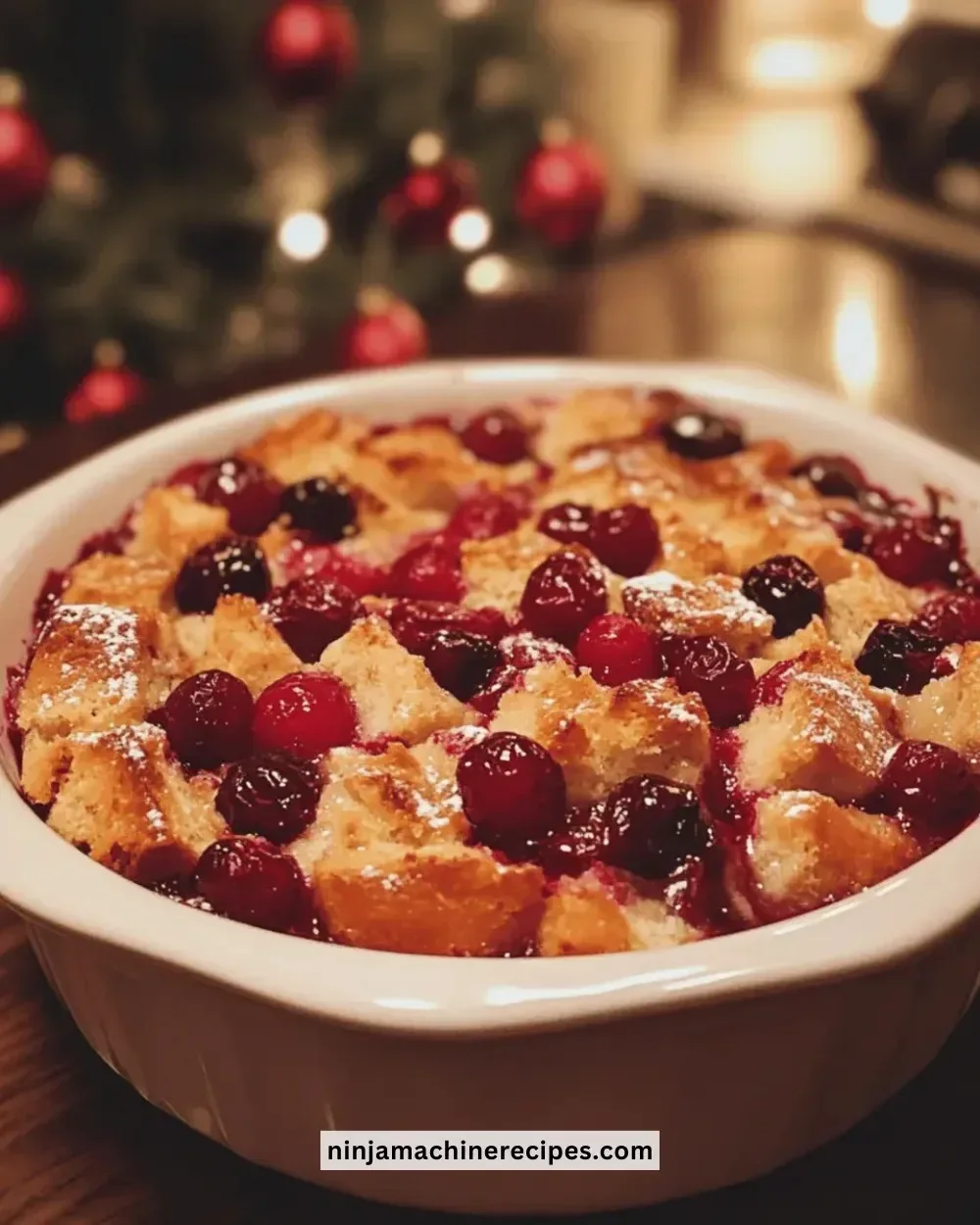 Delicious Christmas cranberry bread pudding served in a festive dish