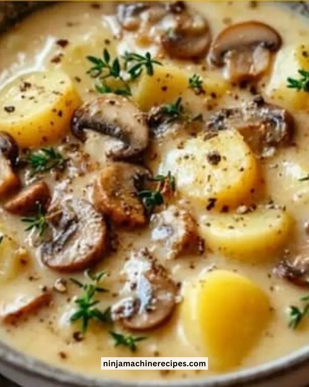 Creamy Crock Pot potato soup in a bowl garnished with herbs